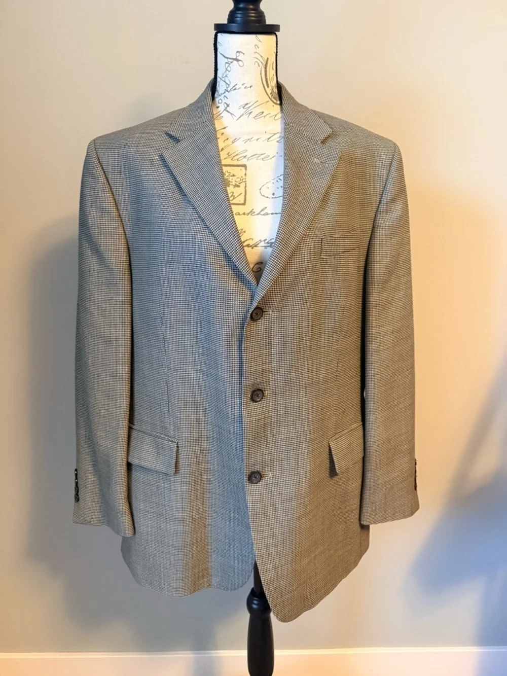 Oscar de la Renta Houndstooth Sport Coat Blazer Wool Look Tan Black Mens